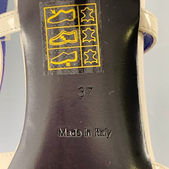 BURBERRY Size 7 Cream Patent Leather Perforated Kitten Heel Slingback Sandals - Picture 8 of 8